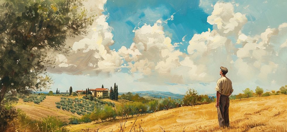 Italian farmer praying outside in the field. Oil painting.