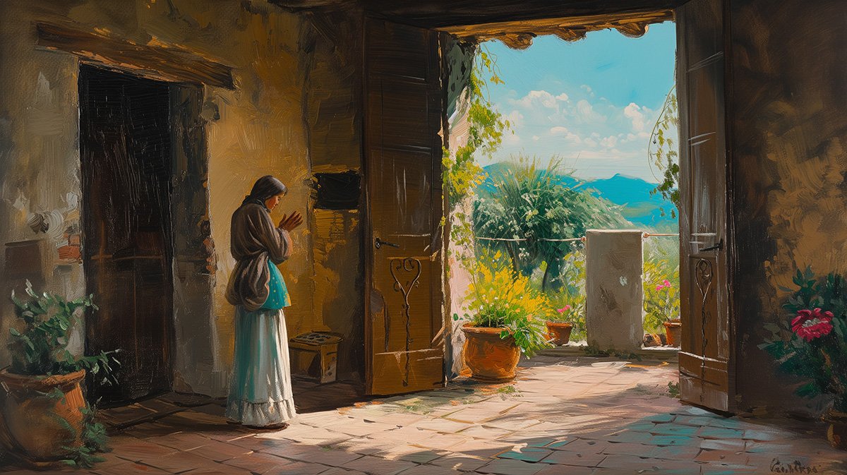 Oil painting of a woman praying. Italian village. 