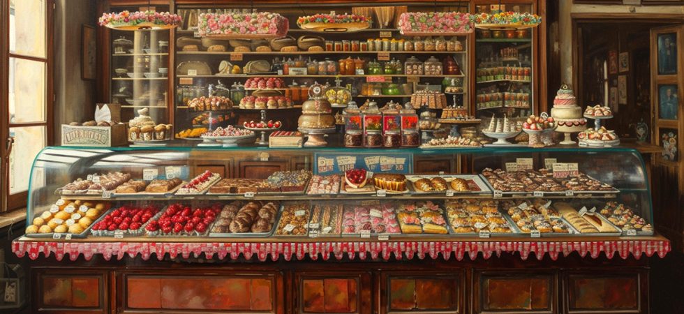 Italian pastry shop with displays full of cakes and sweets. Painting.