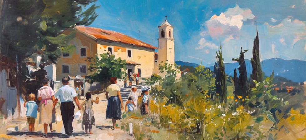 Pilgrims going to church in Italian countryside. Painting.