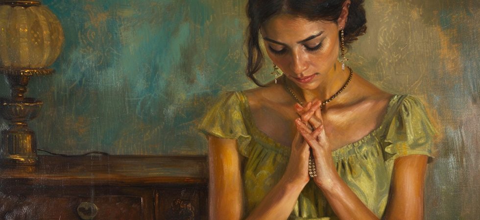 Young woman praying at home.