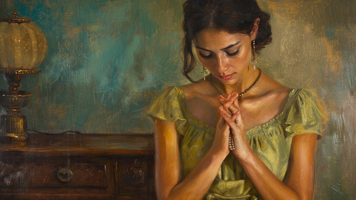 Young woman praying at home.