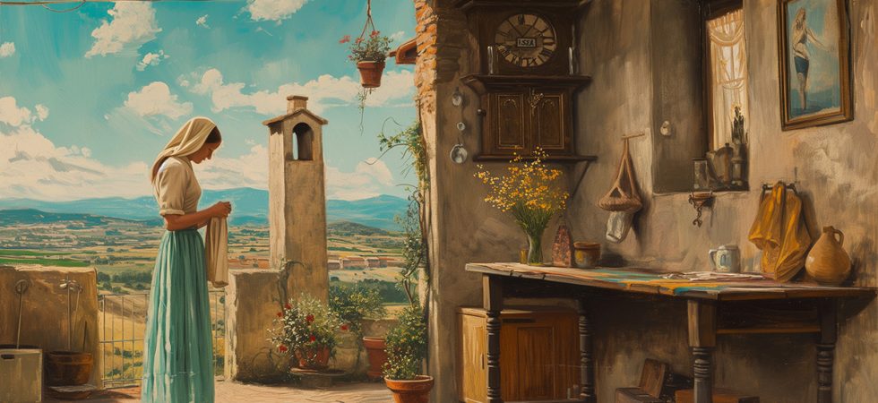 Oil painting of an Italian woman praying.