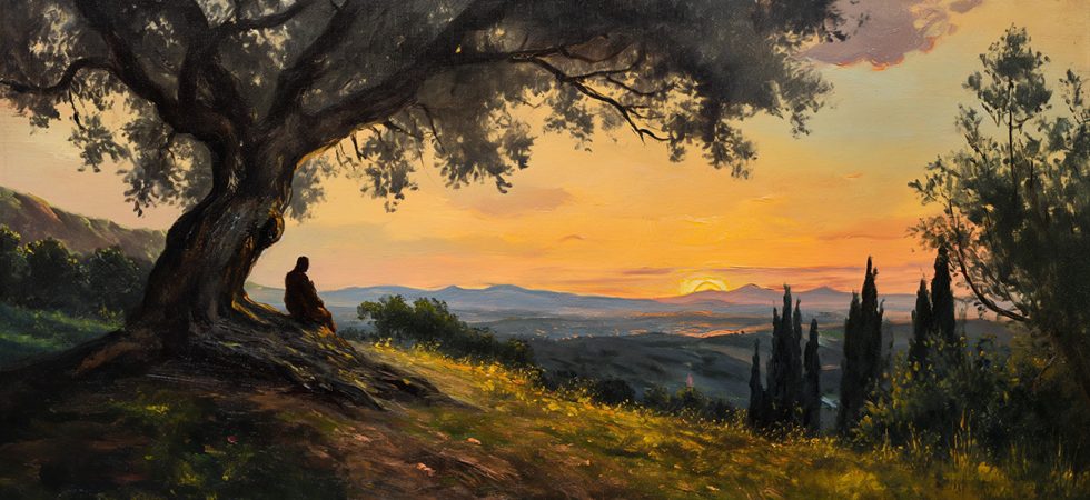 Oil painting. Person praying under a tree in the Italian countryside.