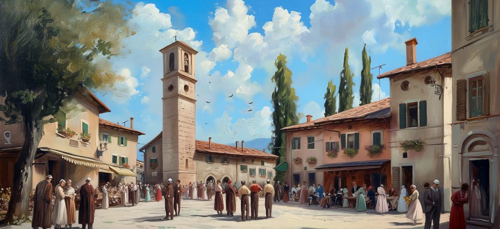 Oil painting of a peaceful Italian village square.