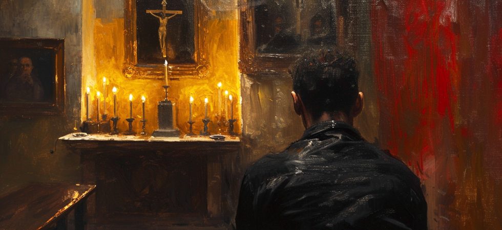 Oil painting of a person praying in church.