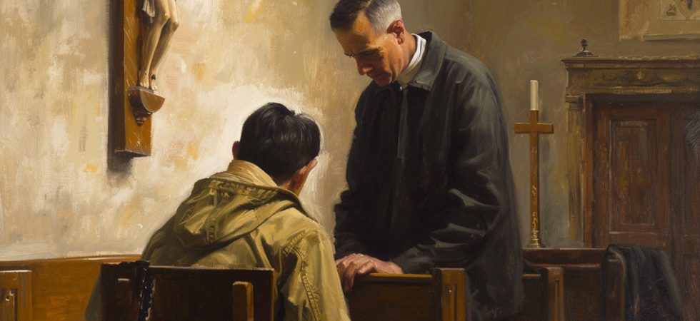 Oil painting. Italian priest guiding a parishioner through the Atto di Dolore during a confession, in a peaceful church setting.