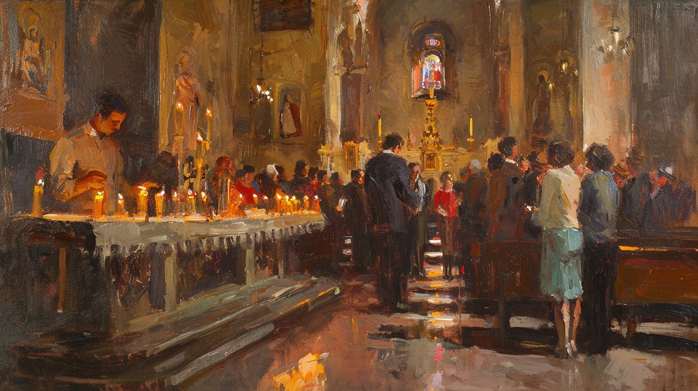 People in a church at a funeral.