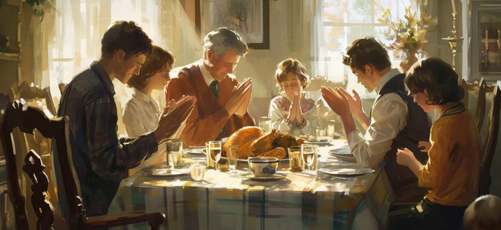 Family praying during a meal. Oil painting.