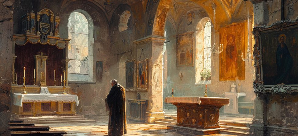 Painting. Priest praying in an Italian church.
