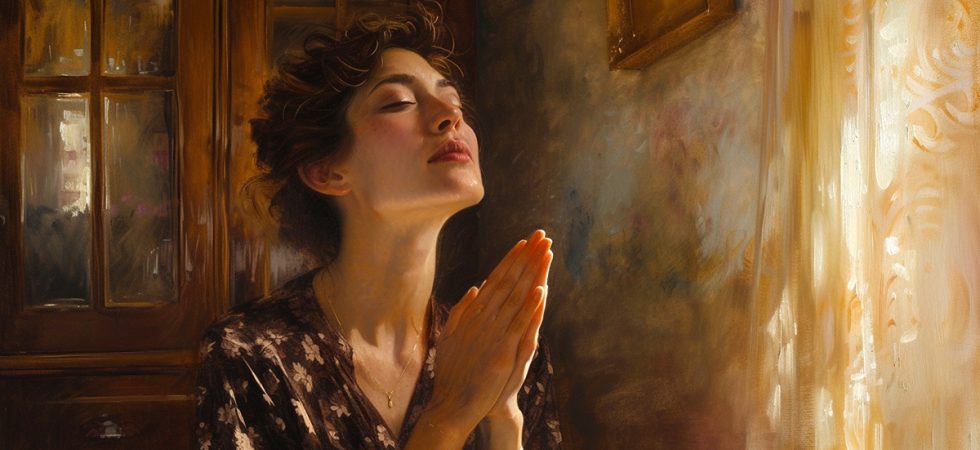Woman praying for a miracle. Oil painting.