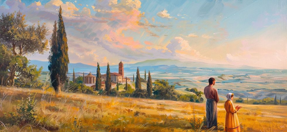 Oil painting. Italian countryside. Couple praying in gratitude.