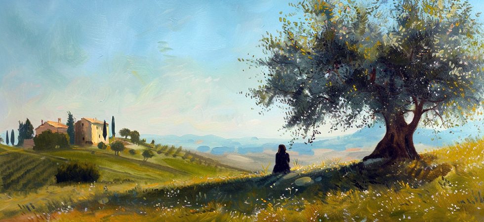 Oil painting. Person praying under an olive tree in the Italian countryside.
