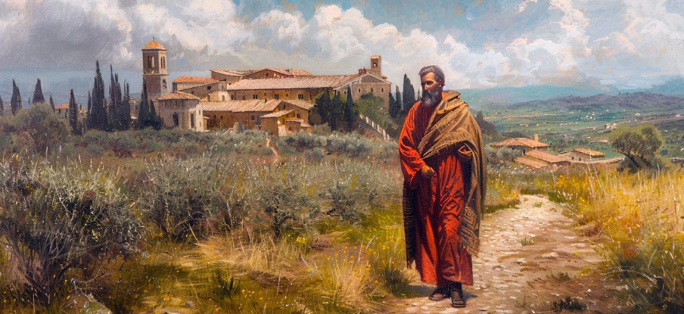 Oil Painting. Saint Jude Thaddeus in the Italian countryside.