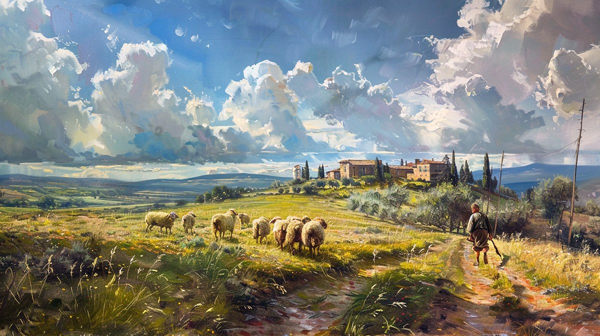 Italian countryside, with a shepherd and his flock. Oil painting. 