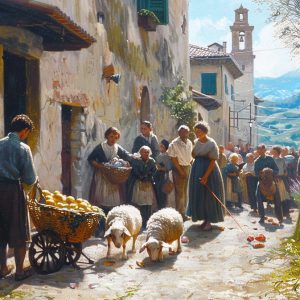 Easter traditions in Italian village. Oil painting.