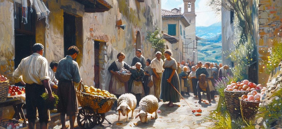 Easter traditions in Italian village. Oil painting.