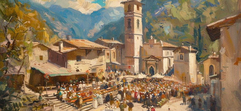 Italian village celebrating a religious day. Oil painting.