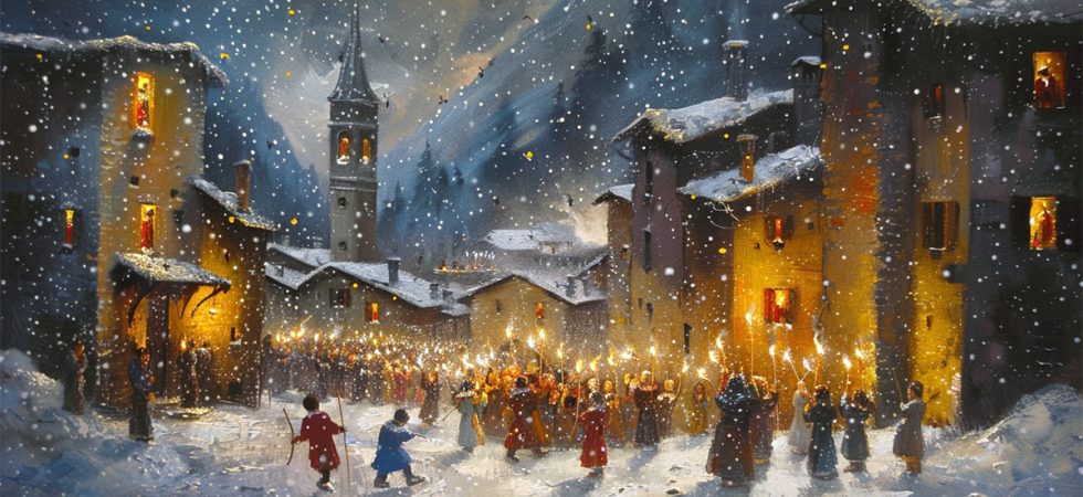 Italian village celebrating Santa Lucia at night with candles. Oil painting.