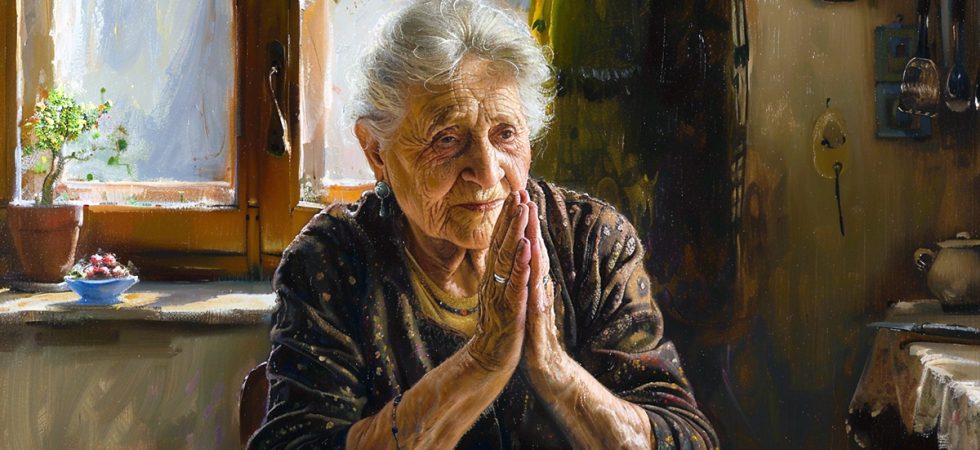 Older woman praying for health. Oil painting.